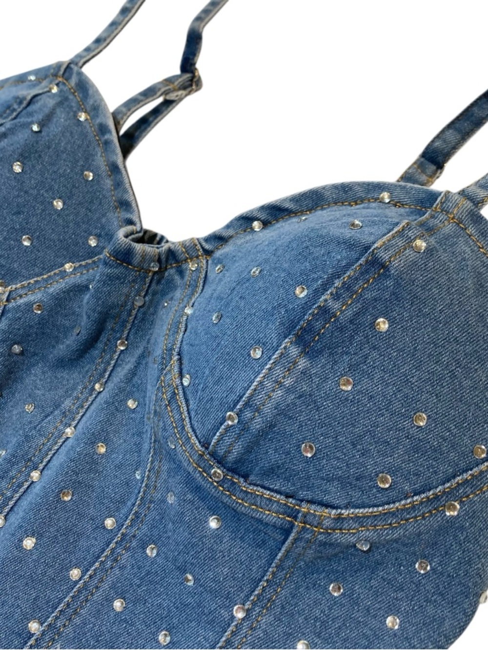 Denim Corset Tank Top with Rhinestone Studs - Picture 3 of 6
